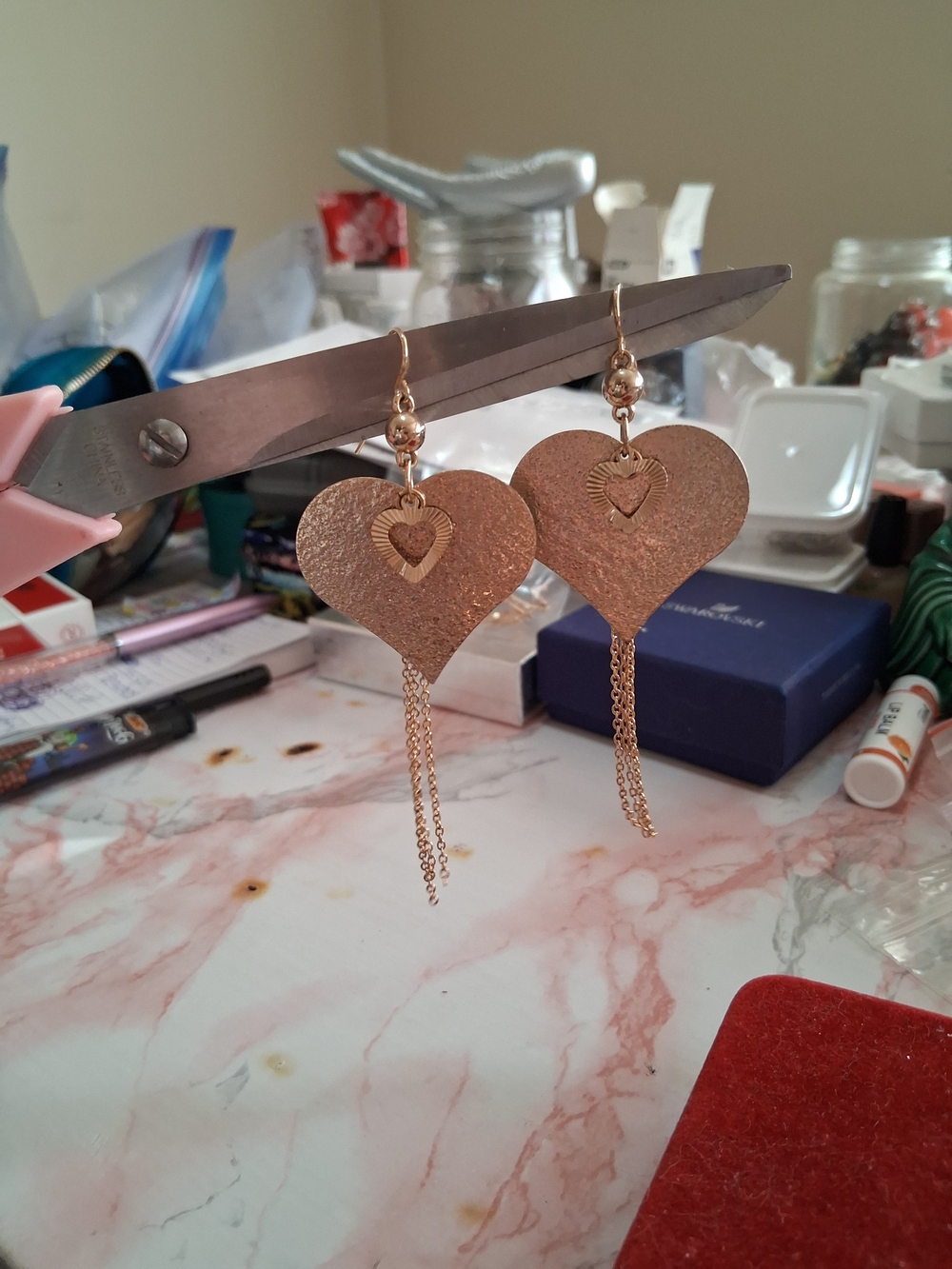 Source Unknown Rose Gold Heart Dangle Earrings with Chain Tassels